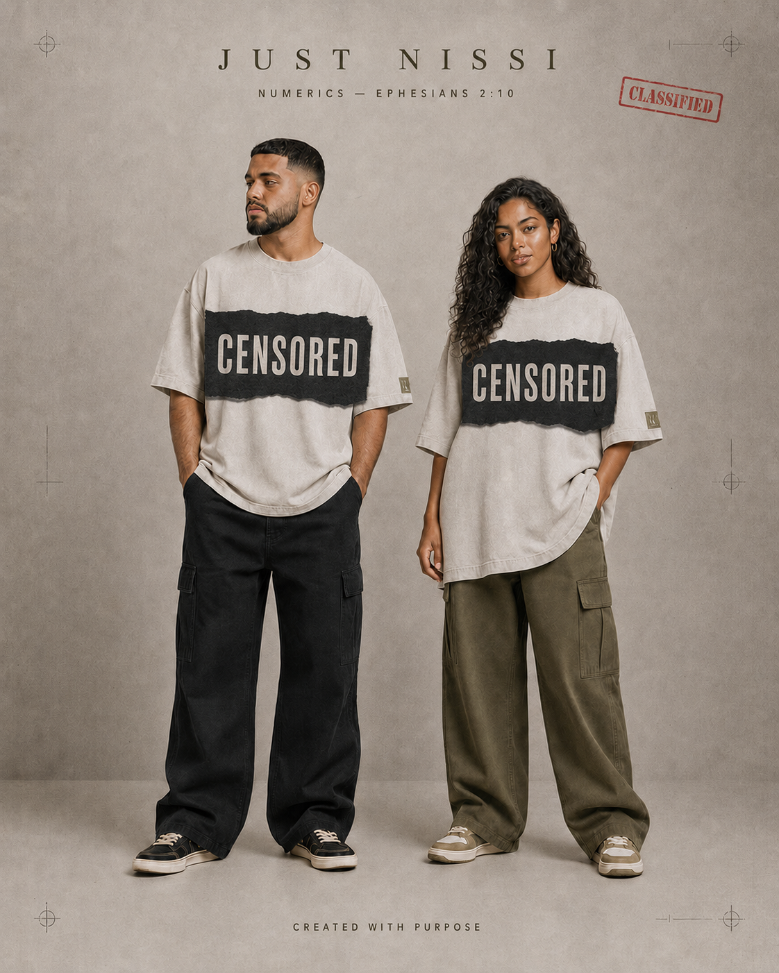 Male and female models wearing censored previews of the JustNissi 2:10 oversized tee