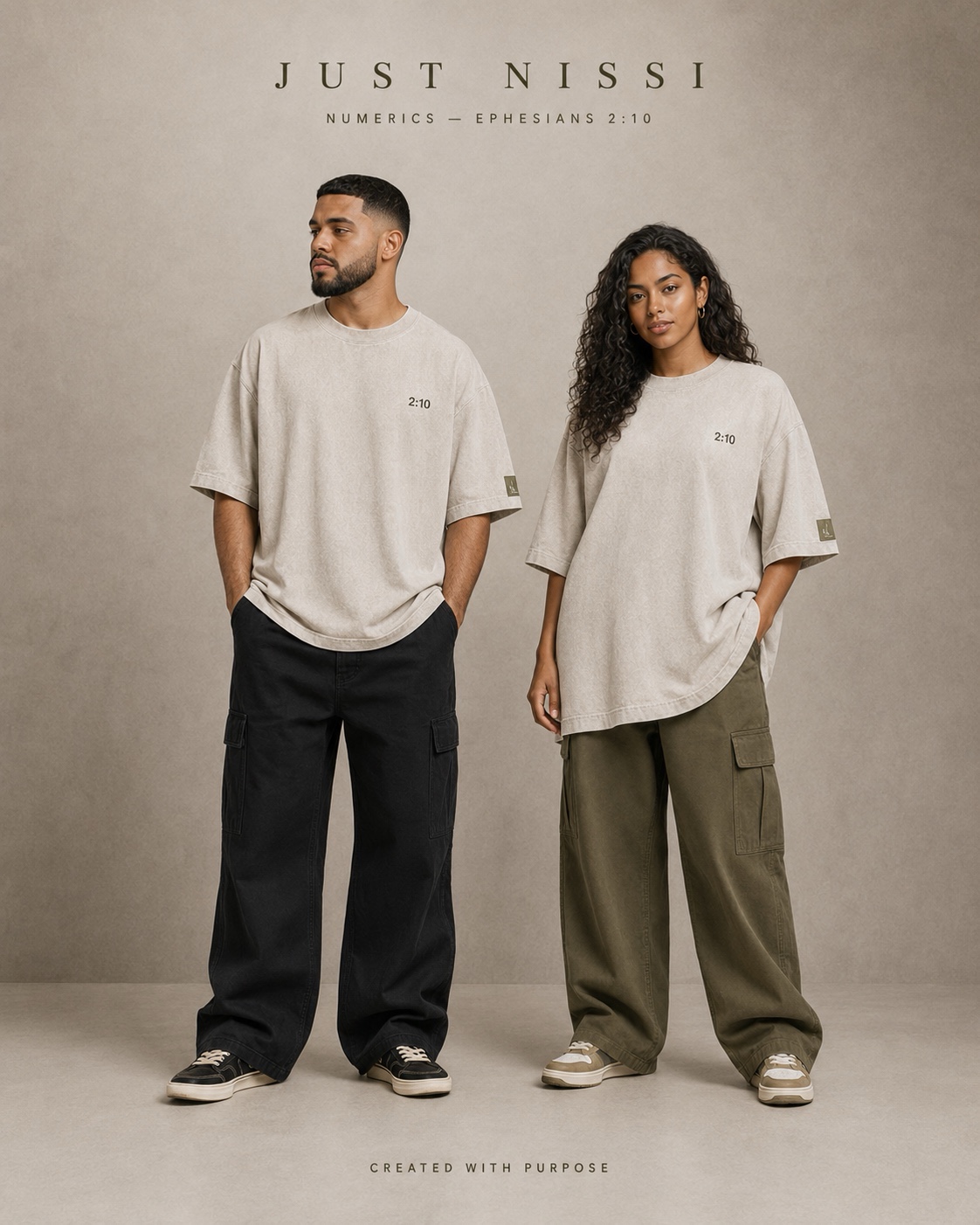 Male and female models wearing the revealed JustNissi 2:10 oversized tee in washed bone