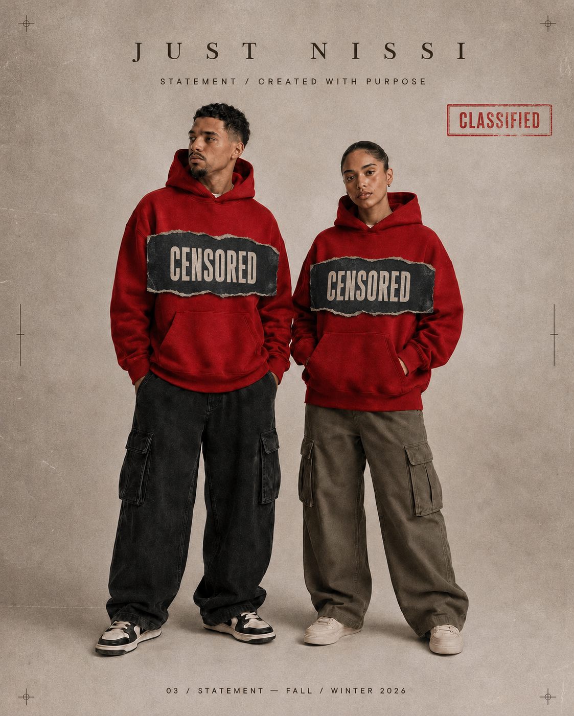 Male and female models wearing censored previews of the JustNissi 2:10 Statement hoodie