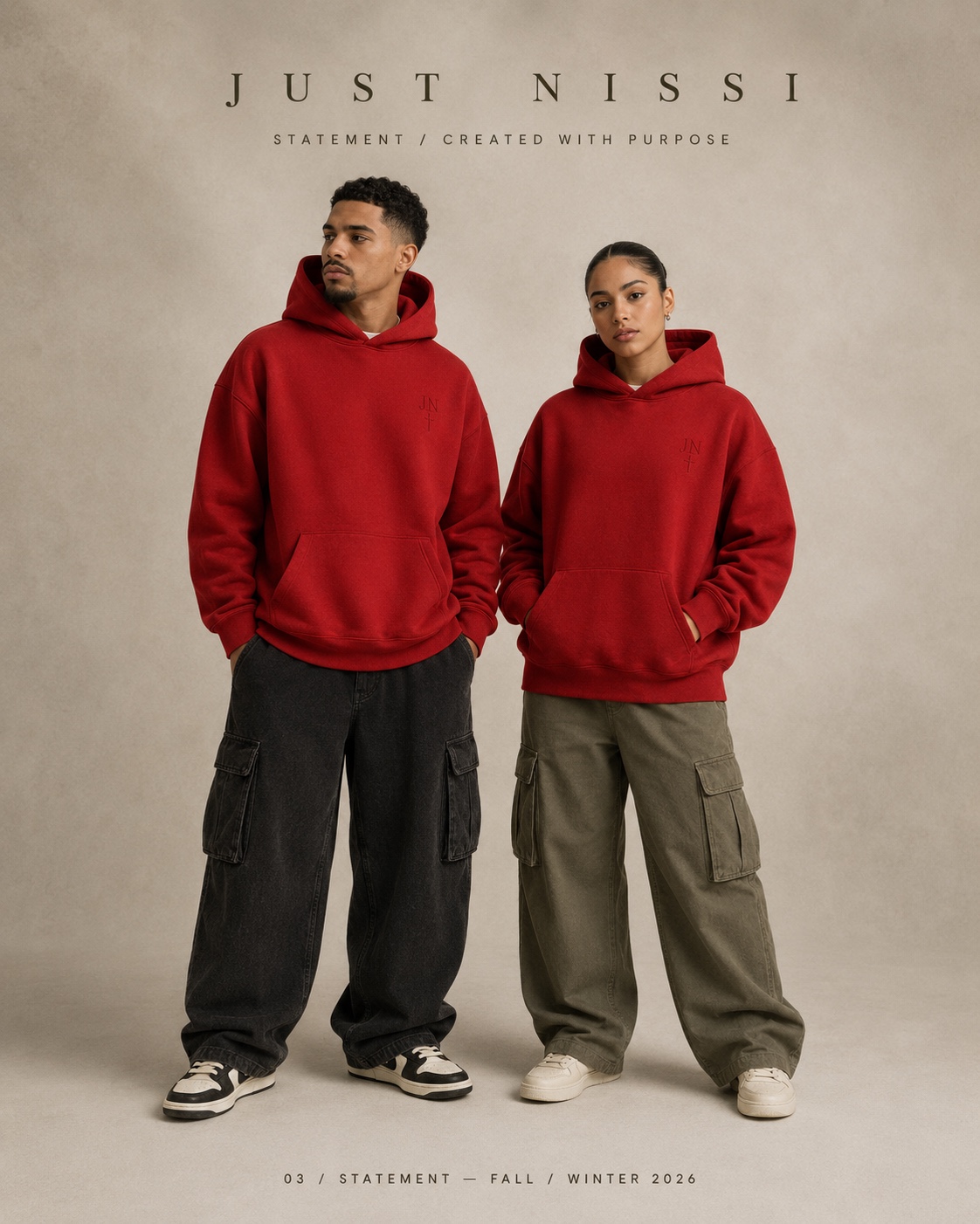 Male and female models wearing the revealed JustNissi Statement hoodie in red